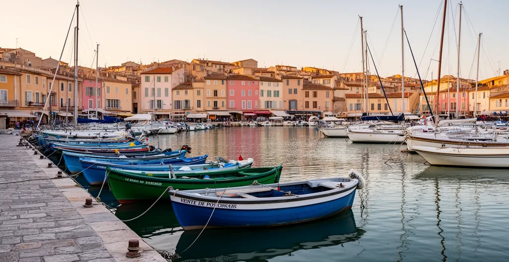 Port de plaisance avec bateaux amarrés et façades colorées en arrière-plan