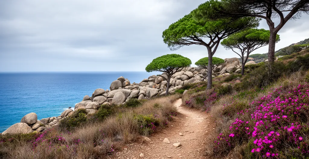 Sentier de randonnée longeant la côte avec pins et vue sur mer