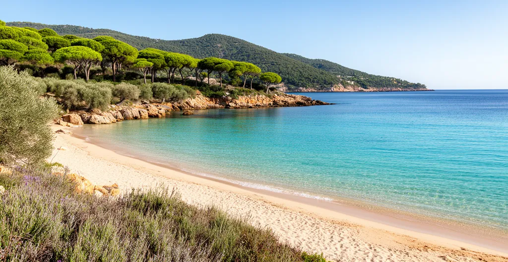 Plage de sable fin avec eau turquoise et collines boisées du Lavandou