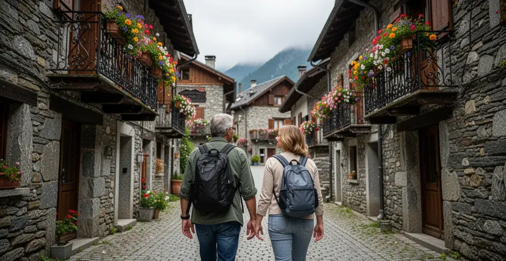 Ruelle pavée de Talloires avec maisons en pierre savoyardes