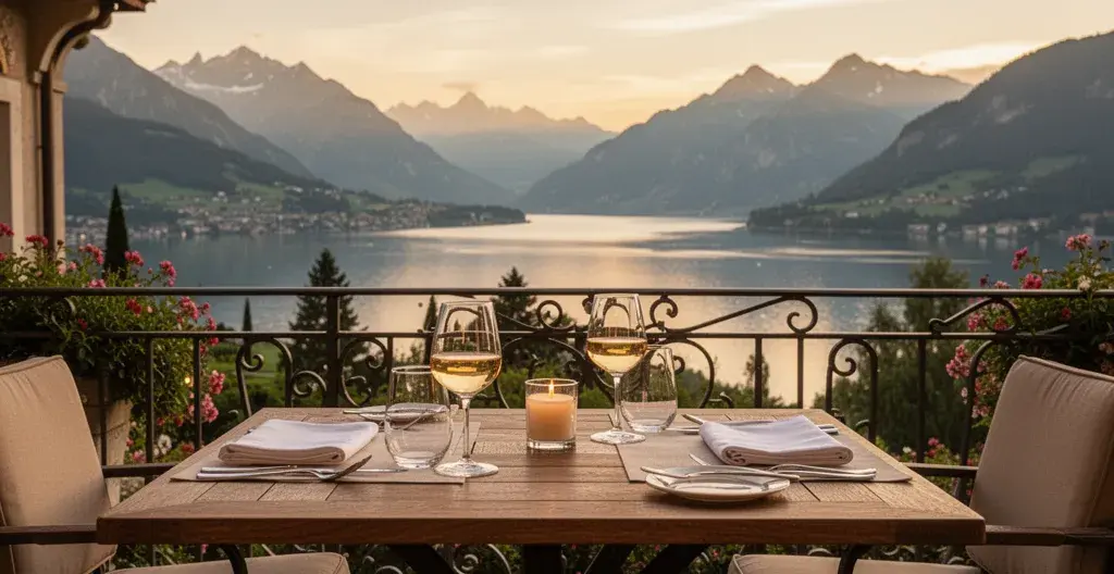Terrasse d'hôtel de charme avec vue sur le lac d'Annecy