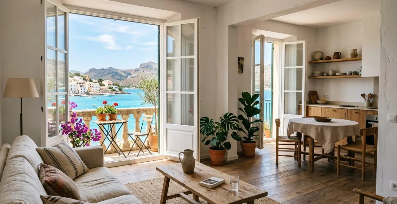 Appartement lumineux avec vue sur un plan d'eau, mobilier de location estival, fenêtres ouvertes sur la Méditerranée