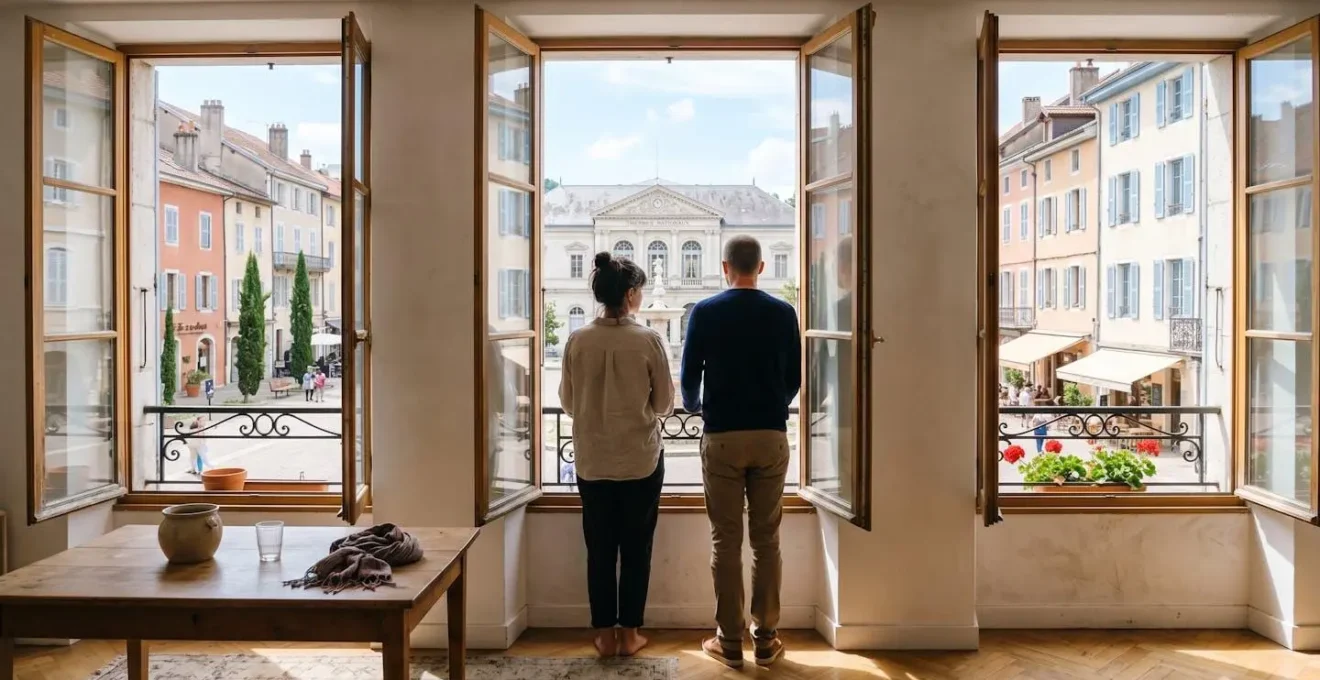 Couple en visite d'appartement, fenêtres donnant sur une place de ville thermale, lumière naturelle, ambiance sereine