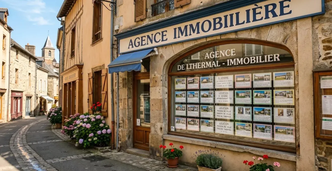 Vue extérieure d'une agence immobilière dans une station thermale, vitrine avec annonces de locations et d'achats immobiliers