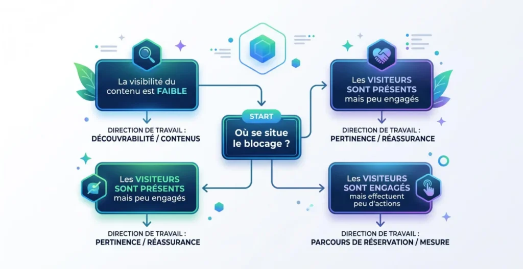 Arbre de décision pour diagnostiquer visibilité, engagement et conversion d’un site de location