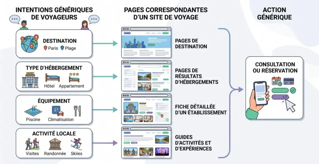 Schéma reliant recherches de voyageurs et pages d’un site de location de vacances