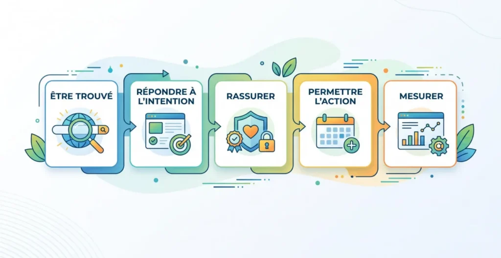 Schéma du parcours entre visibilité, contenu, confiance, réservation et mesure